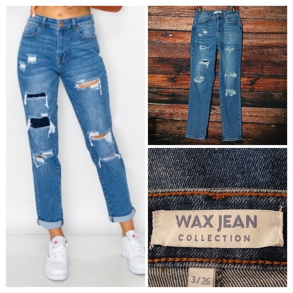 Wax Jeans 26 High Rise Boyfriend Rip Repair Distressed Blue Denim Stretch